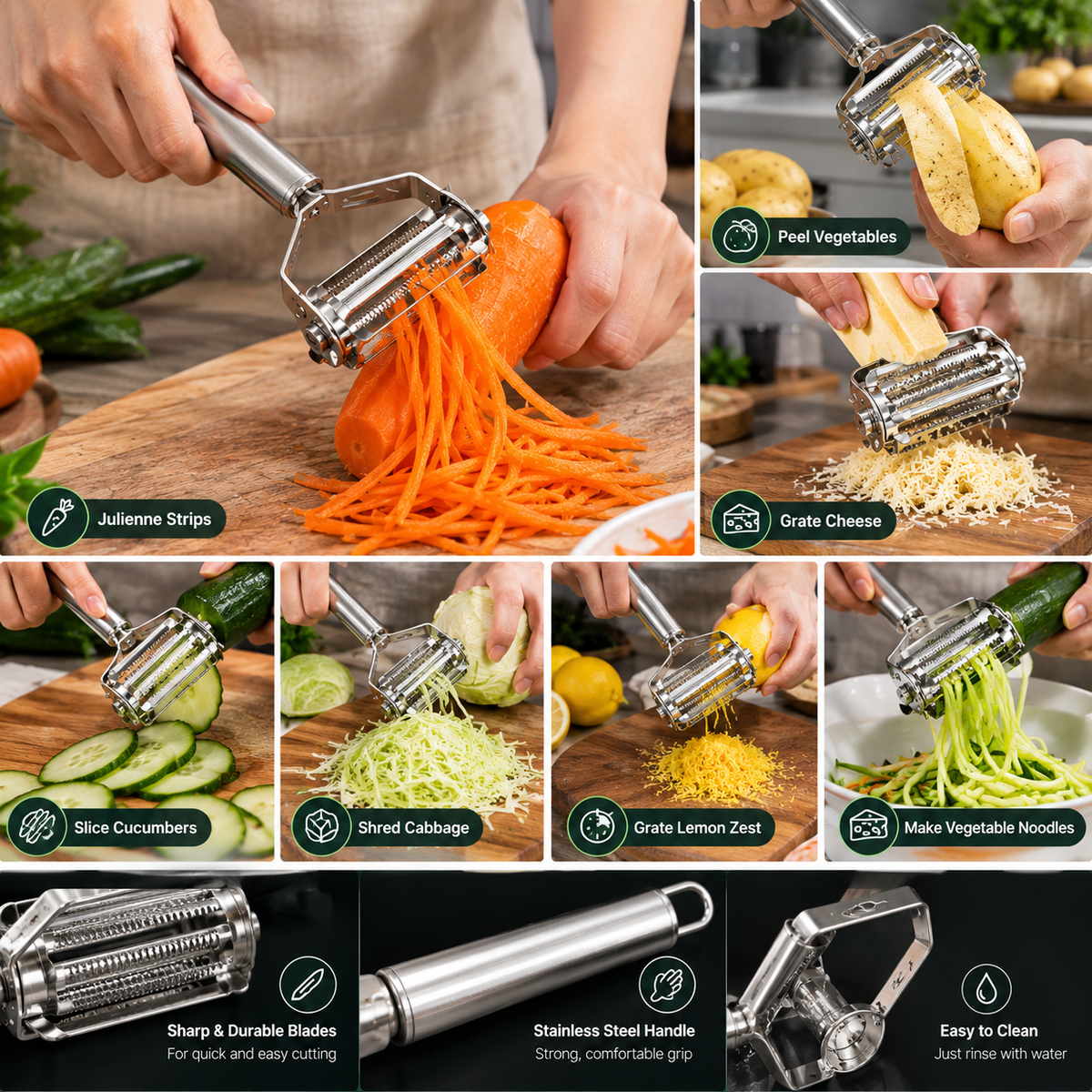 Stainless Steel Julienne Peeler 2-in-1 – Vegetable Peeler, Grater, Slicer & Shredder Kitchen Tool