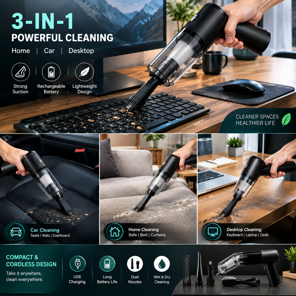 3-in-1 Cordless Handheld Vacuum Cleaner