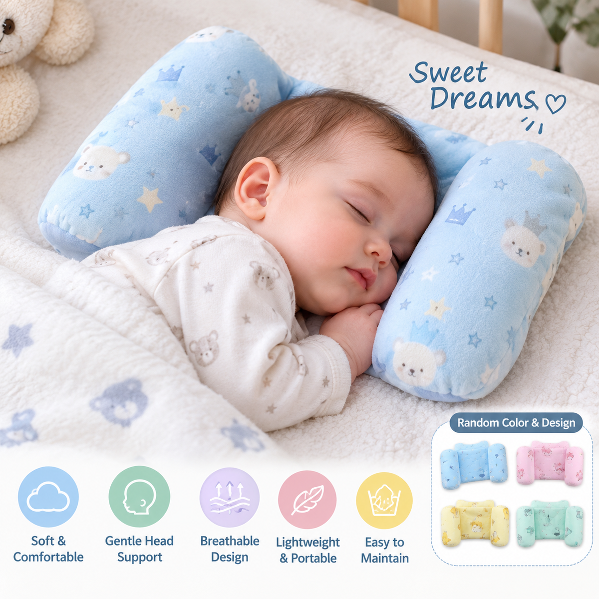 Infant Pillow | Newborn Baby Head Shaping Anti-Rollover Pillow (Random Color & Design)